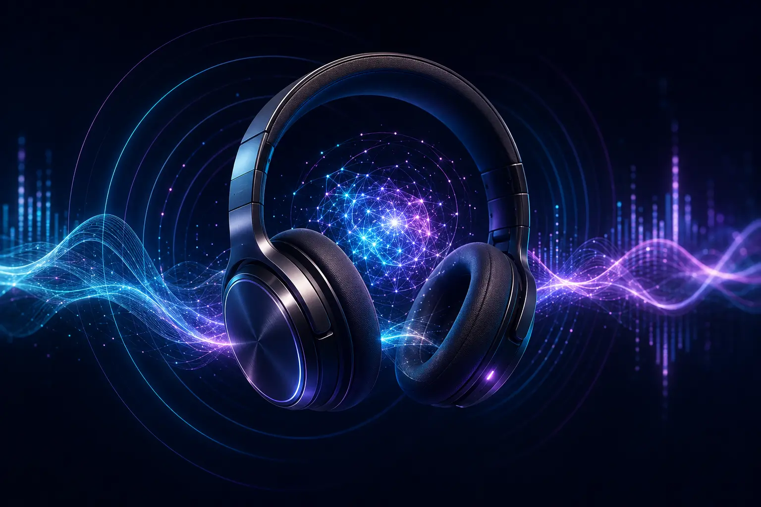 Headphones and luminous waves representing an audio mix